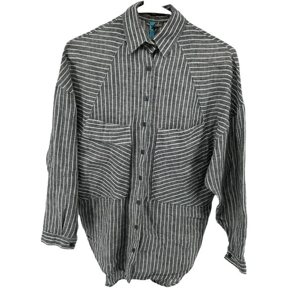 Free People Striped Linen Button Down Shirt Tunic Tie Waist Chest Pocket Gray XS - Picture 1 of 5